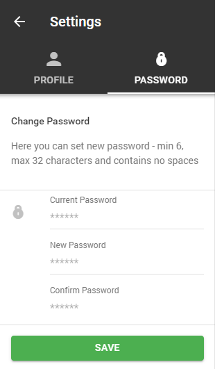 Change password form screenshot